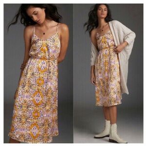 Anthropologie Tanya Blooms Floral Prints Midi Gold Slip Dress XS